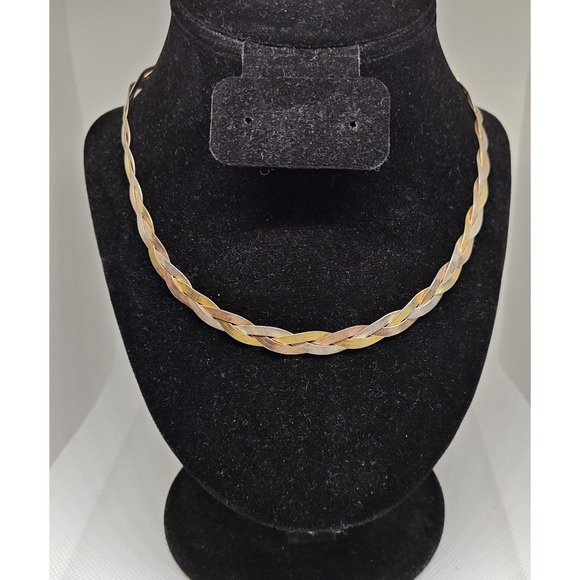 HAN Italy 925 Sterling Silver Tri Color Braided Necklace 18g Yellow Rose White